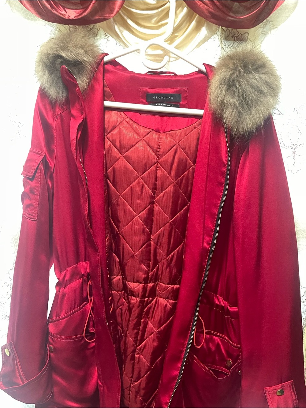Gregory Red Satin Puffer Coat with Fur-Trim Hood